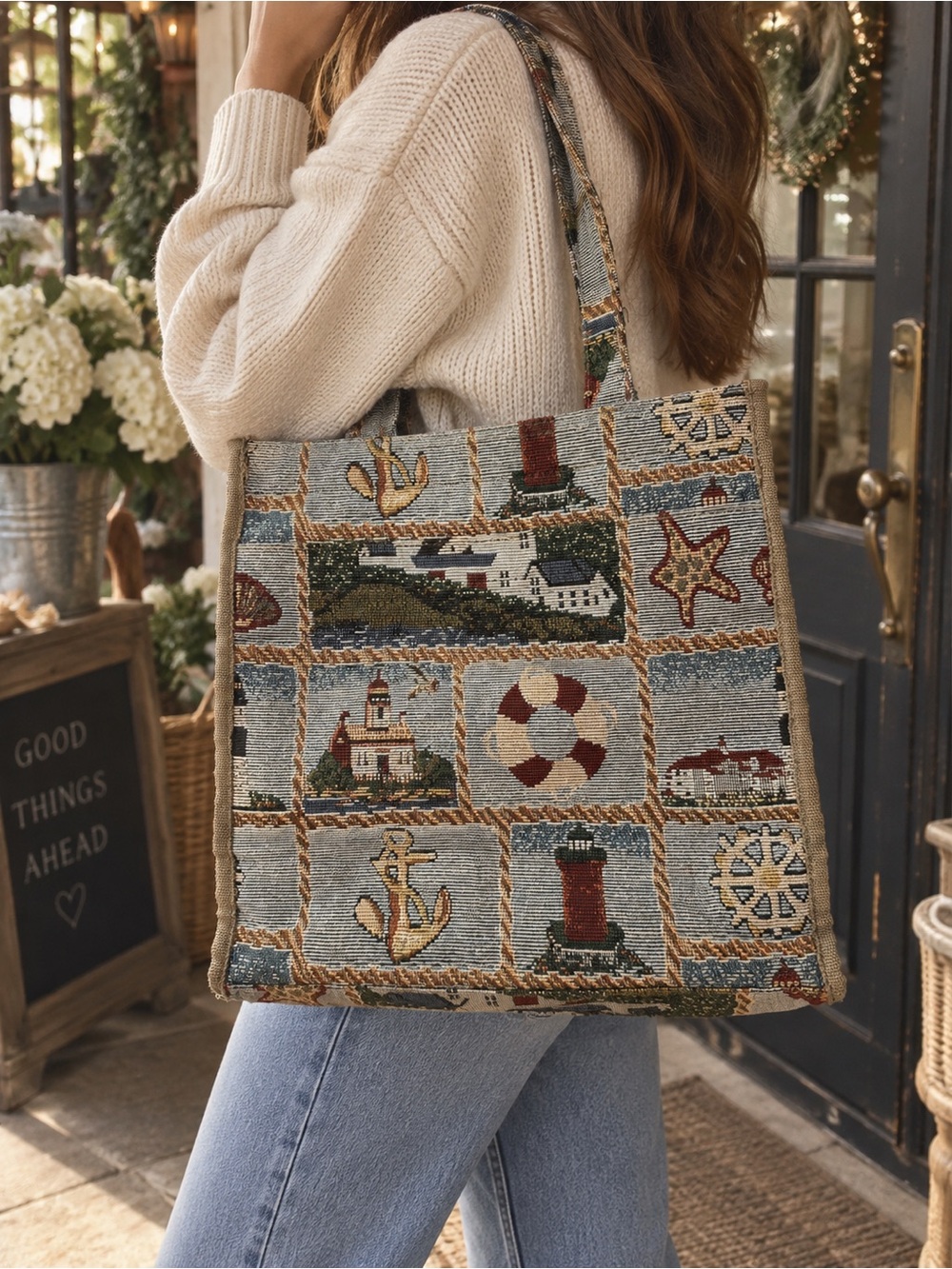 Vintage Jade Coastal Tapestry Tote Bag